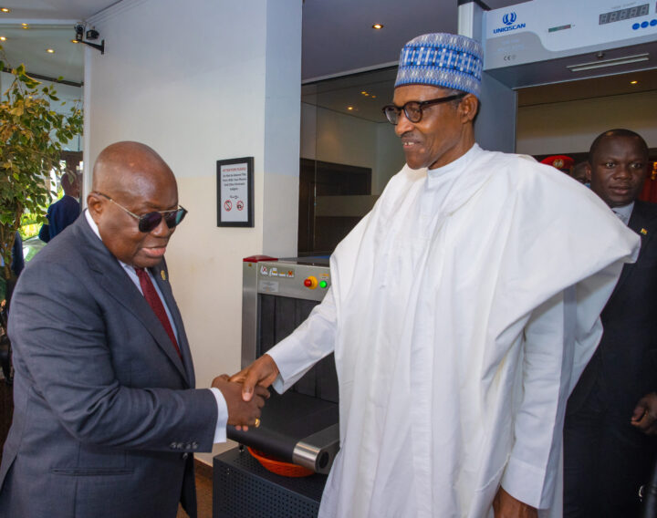 Nana Akufo-Addo, president of Ghana shaking hands with President Muhammadu Buhari