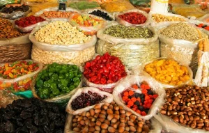 Food items displayed in a market