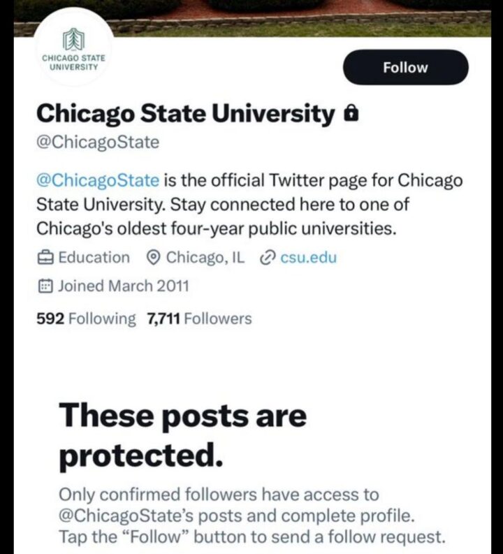 Screenshot of Chicago State University locking X account as Nigerians bombard account to demand results of President Bola Tinubu