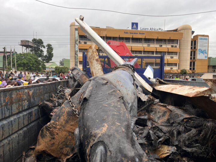 site of aircraft crash in Oba Akran, Ikeja, Lagos state.