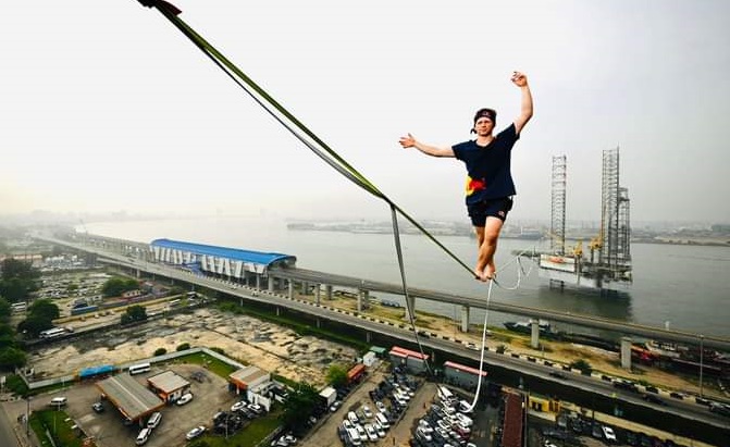 WATCH: World record holder Jaan Roose walks on rope in Lagos