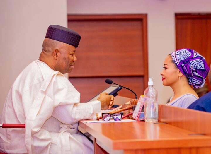 L-R: File photo of Senate President Godswill Akpabio and Natasha Akpoti-Uduaghan