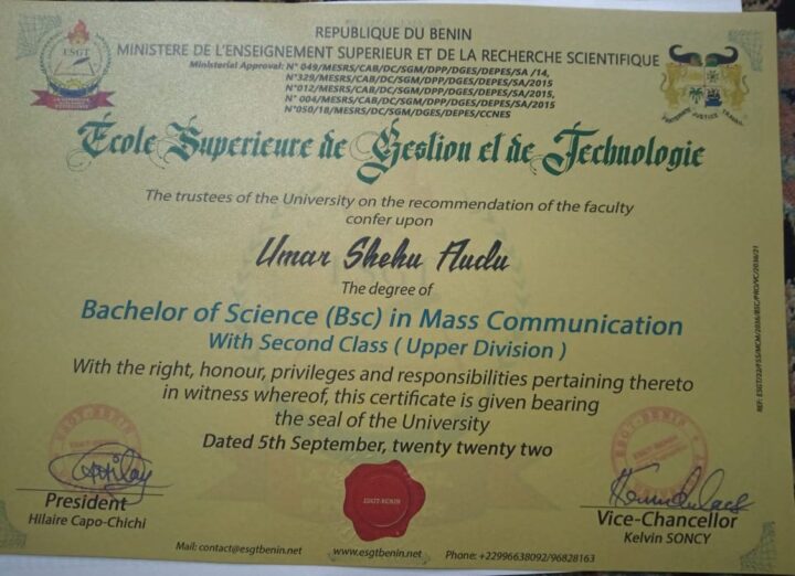 A degree certificate fro Togo