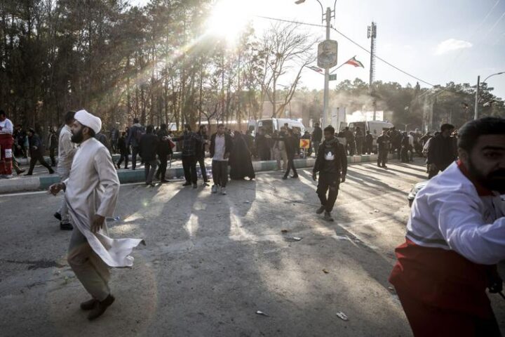 People are seen after an explosion at Kerman, Iran on Wednesday. Photo credit: AP