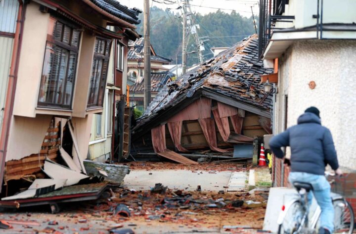 collapsed buildings caused by multiple earthquakes in Japan