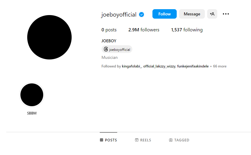 Joeboy deletes all posts on IG, adopts black profile photo