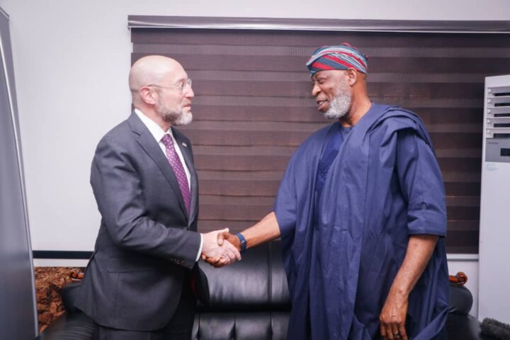 Dele Alake, minister of solid minerals and mining and David Greene, Charge d'Affaires of the US embassy