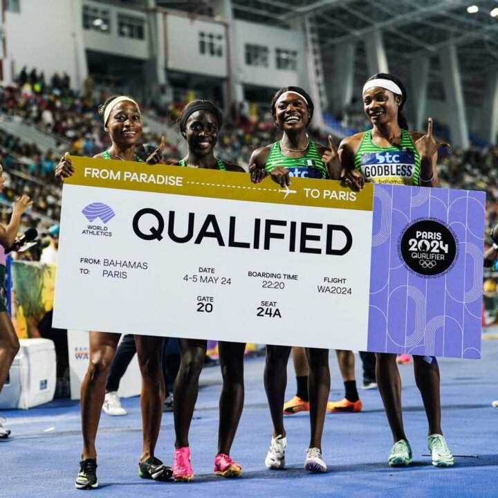 The female quartet of Eyakpobeyan Justina Tiana, Olajide Olayinka, Ofili Favour and Godbless Tima Seikeseye celebrate after qualifying for the 2024 Olympic games