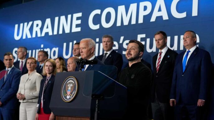 Joe Biden and Zelenskyy at the NATO summit. Photo credit: The Week