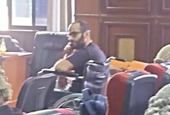 An amateur photo of Tigran Gambaryan, Binance executive, in court on a wheelchair on Tuesday.