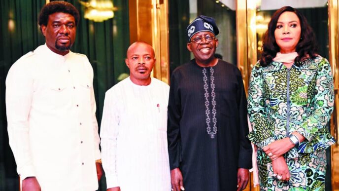 From L-R: Festus Osifo, TUC president; Joe Ajaero, NLC president; President Bola Tinubu; and Nkeiruka Onyejeocha, minister of state for labour, after a meeting at the State House in Abuja
