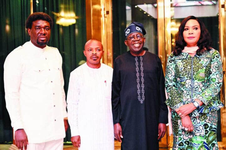 From L-R: Festus Osifo, TUC president; Joe Ajaero, NLC president; President Bola Tinubu; and Nkeiruka Onyejeocha, minister of state for labour, after a meeting at the State House in Abuja