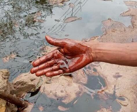A resident scoops from the fresh oil spill in Bodo community, Rivers.