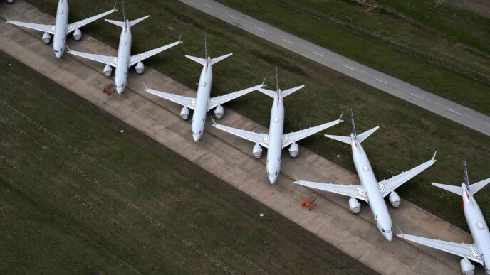 Planes parked in a US airport.