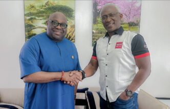 (L-R) Dele Momodu, CEO and founder of Ovation International and Kayode Akintemi, MD and editor-in-chief, News, agreeing to a strategic content partnership between Ovation International and News Central