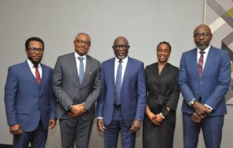 L-R: Jude Chiedozie Nwauzor, head of corporate communications department, AMCON; Benedict Daminabo, group head of asset management, AMCON; Gbenga Alade, managing director/CEO, AMCON; Oyinlola Adebayo, head of documentation, legal department, AMCON, and Mohammed Yusuf, technical assistant to the MD/CEO at the AMCON media parley in Lagos on August 26, 2024