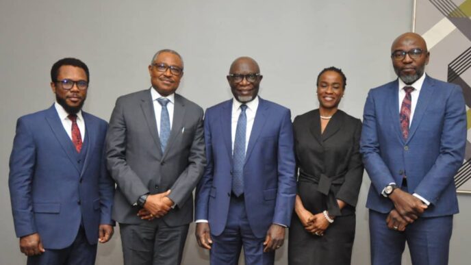 L-R: Jude Chiedozie Nwauzor, head of corporate communications department, AMCON; Benedict Daminabo, group head of asset management, AMCON; Gbenga Alade, managing director/CEO, AMCON; Oyinlola Adebayo, head of documentation, legal department, AMCON, and Mohammed Yusuf, technical assistant to the MD/CEO at the AMCON media parley in Lagos on August 26, 2024