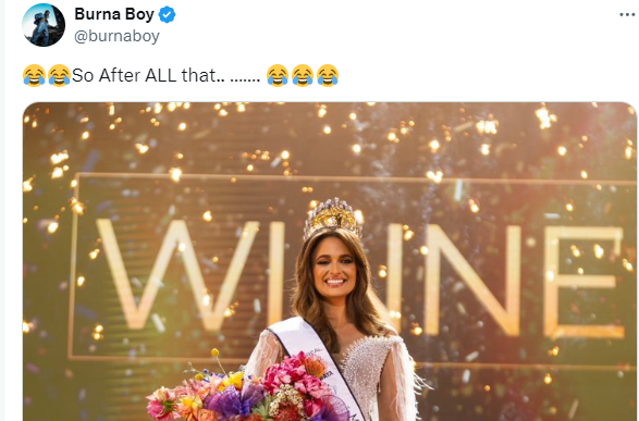 Burna Boy laughs at Miss South Africa winner