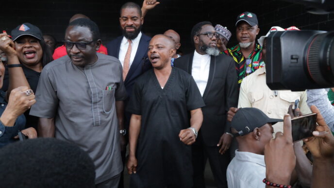 Joe Ajaero and NLC members at the Labour House in Abuja