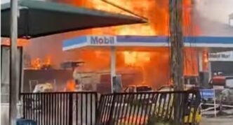 JUST IN: Fire guts Mobil petrol station in Lagos