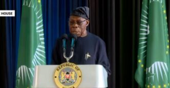 Obasanjo speaking in Nairobi, Kenya at the launch of Raila Odinga's campaign for AUC chairmanship