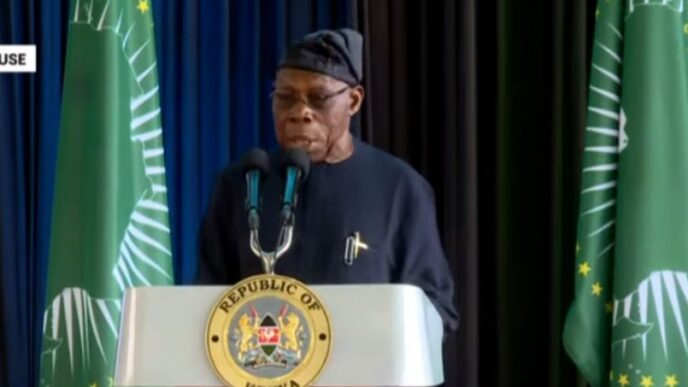 Obasanjo speaking in Nairobi, Kenya at the launch of Raila Odinga's campaign for AUC chairmanship