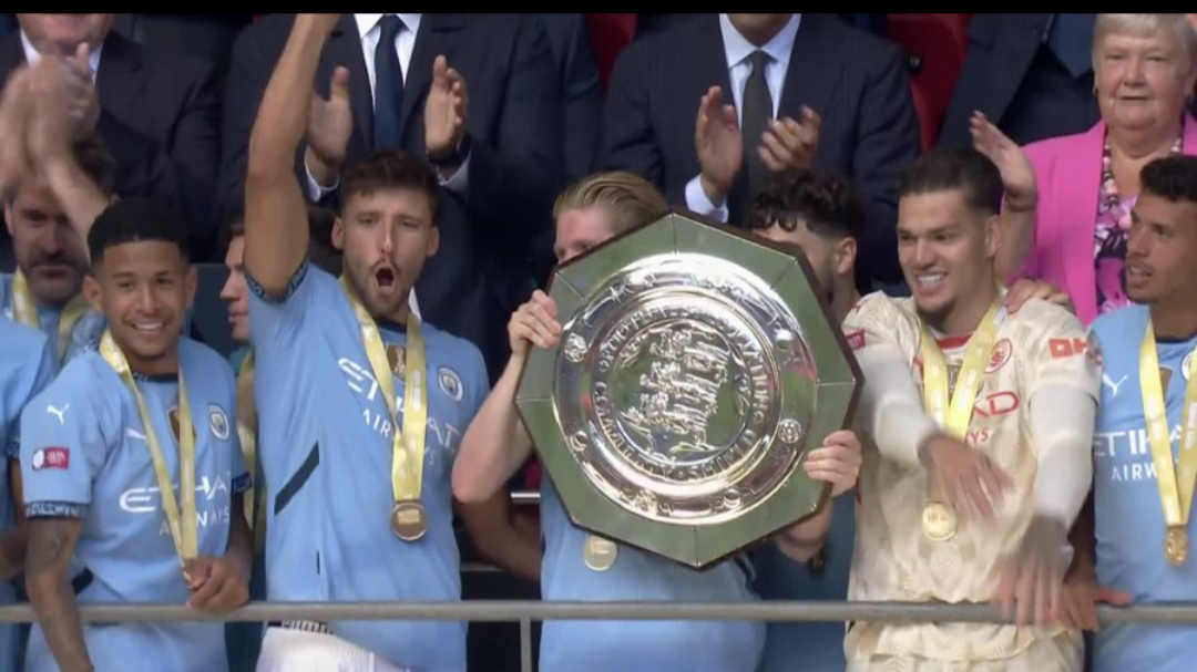 Manchester City players celebrate after winning 7th Community Shield