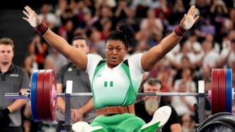 Nigeria's Folashade Oluwafemiayo celebrates her record-breaking feat in the women’s over 86kg Para-Powerlifting category at the Paris Paralympics