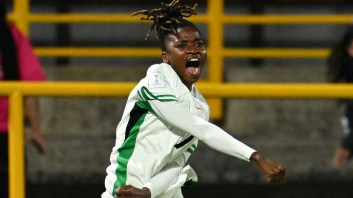 Falconets Flourish Sabastine celebrates her late goal against South Korea at 2024 FIFA Women's World Cup