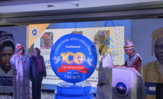 Daniel Okoh, CAN president, and David Bob-Manuel, the Baba Aladura and prelate of the ESOCS, at the unveiling of the Cherubim and Seraphim Church’s plans and logo for the forthcoming centenary celebration.