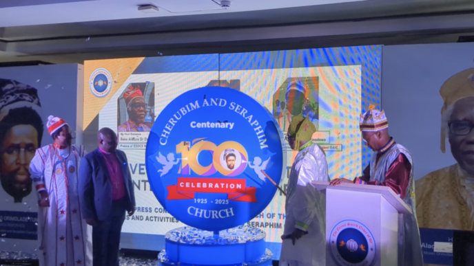 Daniel Okoh, CAN president, and David Bob-Manuel, the Baba Aladura and prelate of the ESOCS, at the unveiling of the Cherubim and Seraphim Church’s plans and logo for the forthcoming centenary celebration.