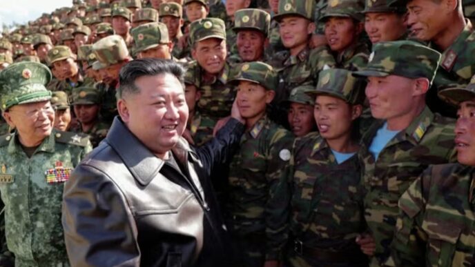 Kim Jong Un, Supreme Leader of North Korea, with troops