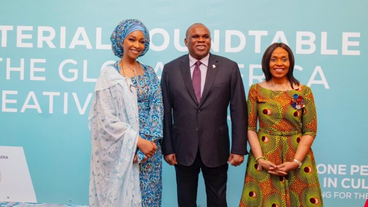 L-R: Hannatu Musa Musawa, minister of art, culture and the creative economy, Benedict Okey Oramah, the president and chairman of the board of directors of the African Export-Import Bank (Afreximbank), and Kanayo Awani, the executive vice-president of Intra African Trade and Export Development/ Afrexim Bank, At the ministerial round table held at CANEX weekend held in Algeria 