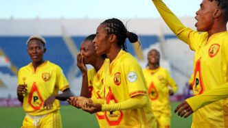 Emem Essien and her teammates celebrate Edo Queens' first-ever goal at CAF Women's Champions League