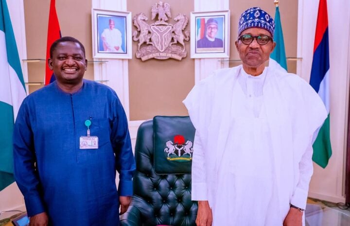 File photo of former President Muhammadu Buhari and Femi Adesina