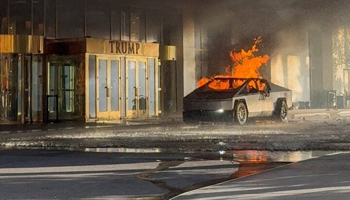 Flames rise from a Tesla Cybertruck explosion outside the Trump International Hotel Las Vegas on January 1, 2025 in this screengrab taken from a social media video. Alcides Antunes/via REUTERS