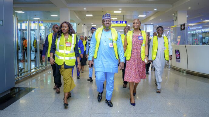 L-R: Olubunmi Kuku, managing director of the Federal Airports Authority of Nigeria (FAAN) and Kana Ibrahim, the permanent secretary of the ministry of aviation and aerospace development, during a tour of the Murtala Muhammed International Airport (MMIA) on January 15, 2025