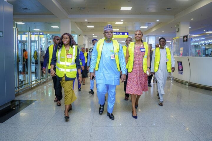 L-R: Olubunmi Kuku, managing director of the Federal Airports Authority of Nigeria (FAAN) and Kana Ibrahim, the permanent secretary of the ministry of aviation and aerospace development, during a tour of the Murtala Muhammed International Airport (MMIA) on January 15, 2025