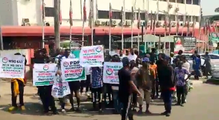 Protesters at the PDP headquarters in Abuja