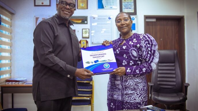 Solomon Quaynor, the AfDB vice-president for private sector infrastructure and industrialisation, and Abimbola Akinajo, the managing director of LAMATA, after a tour of the Lagos blue rail line on January 9, 2025