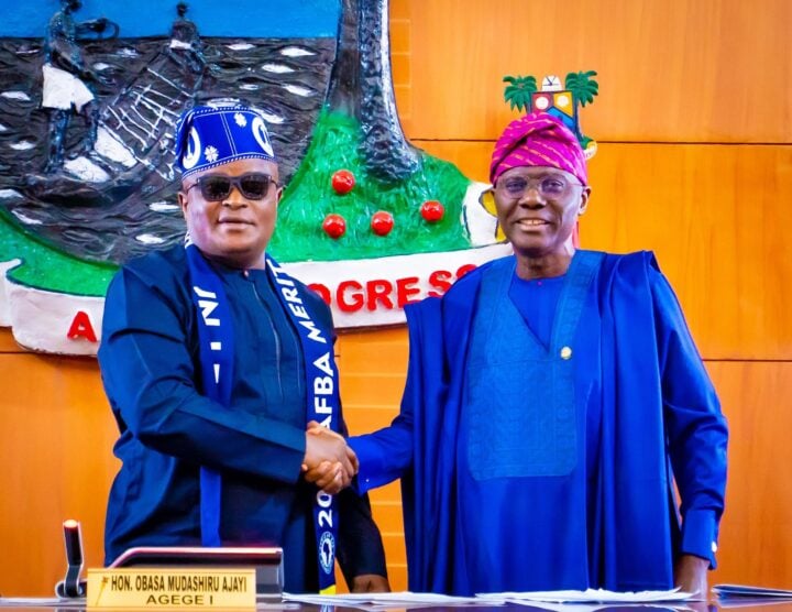 Lagos Governor Babajide Sanwo-Olu (right) with Mudashiru Obasa, ex-speaker of the state's house of assembly