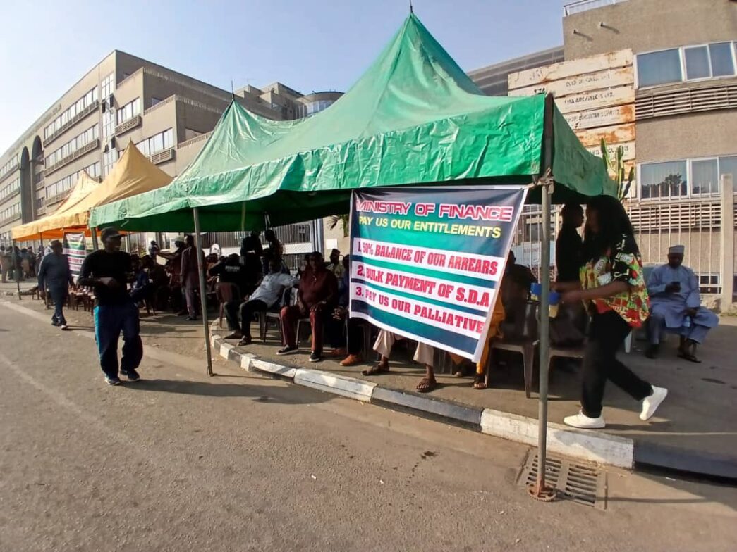 Retired military officers protest at ministry of finance in Abuja. Photo credit: The Nation