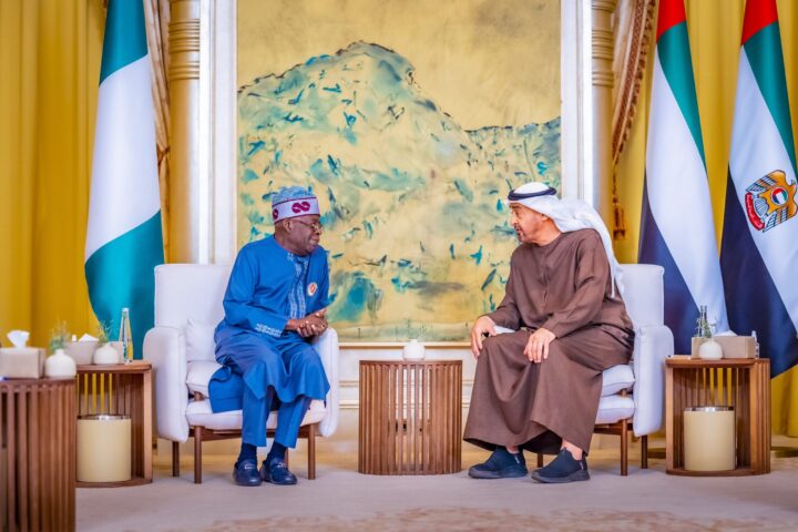 Bola Tinubu (left) with Mohamed bin Zayed Al Nahyan, UAE president