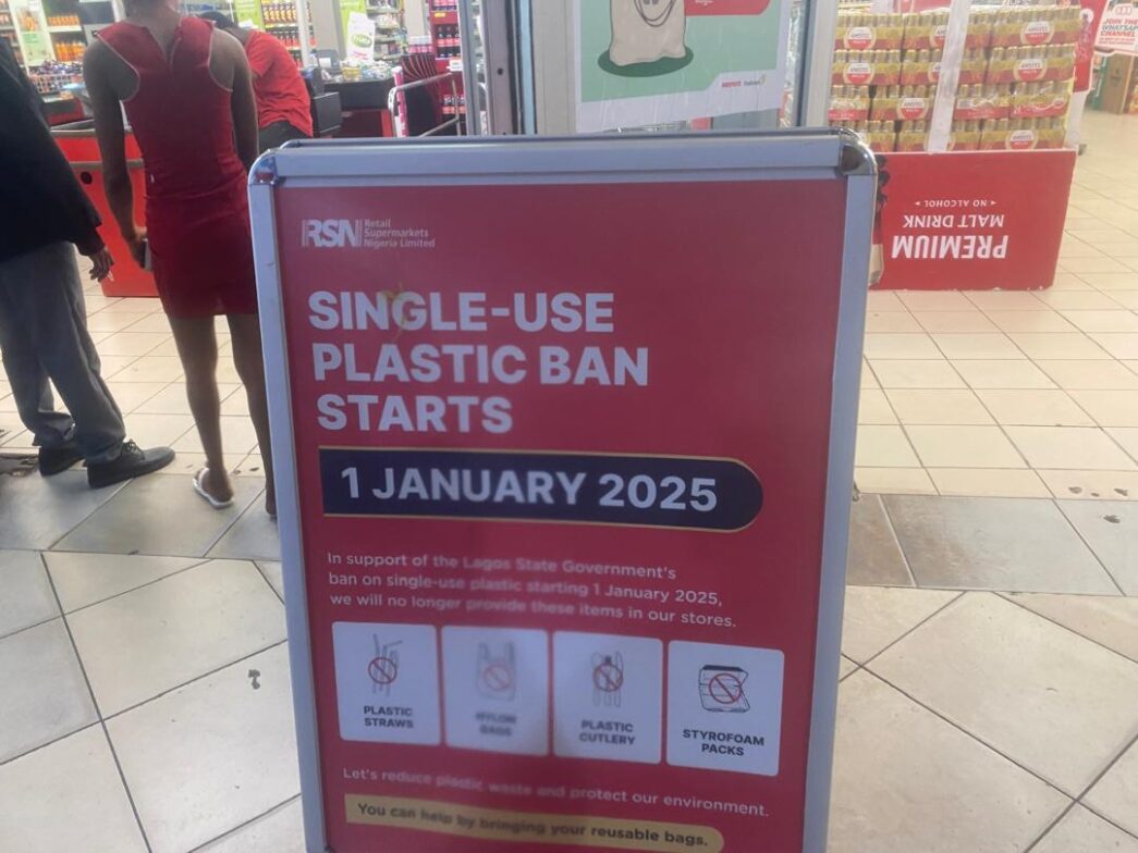 A sign post at a ShopRite outlet showing its adherence to the ban of single-use plastics