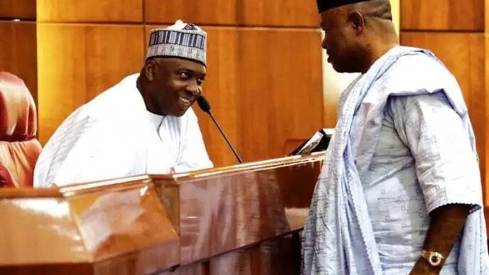 File photo: Saraki as senate president speaking with Akpabio