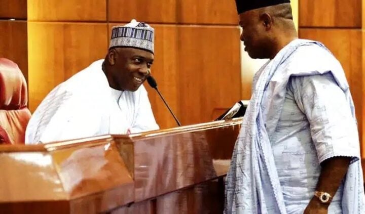 File photo: Saraki as senate president speaking with Akpabio