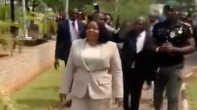 Mojisola Meranda strolls inside the Lagos house of assembly complex on Monday