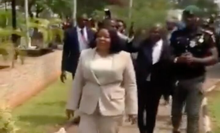 Mojisola Meranda strolls inside the Lagos house of assembly complex on Monday