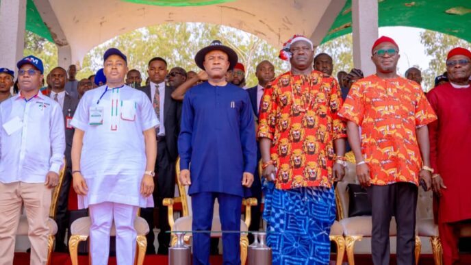 Peter Mbah, governor of Enugu (middle in blue outfit), with Ali Odefa (3rd from right) at the PDP south-east zonal congress in Enugu on Feb 26