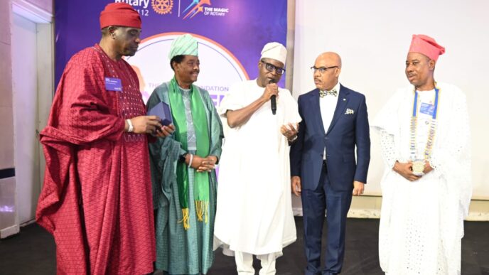 L-R: Past district governor, Jide Akeredolu; CEO, Colenson Group, Chief Michael Olawale-Cole; president, Rotary Club of Lekki Phase 1, Rtn. Shina Elusakin; immediate past group managing director of FBN Holdings Plc, Elder Urum Kalu Eke, and district governor, Rotary International District 9112, Femi Adenekan at the Rotary Foundation Dinner & Dance held at the Civic Centre, Victoria Island, Lagos recently